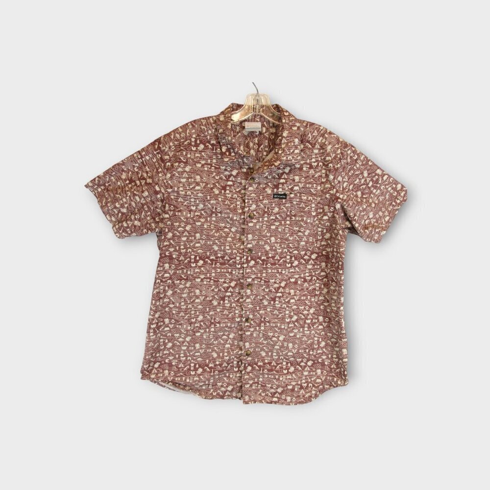 Columbia Camp Shirt Size M Burgandy Red Short Sleeve Bushcraft Motif